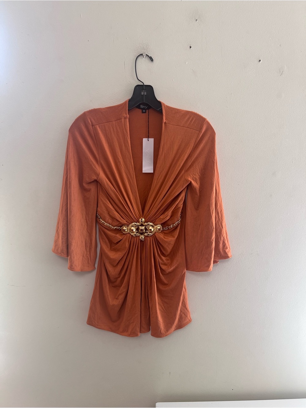 Sky Rust Orange Draped Tunic with Gold Chain Medallion
